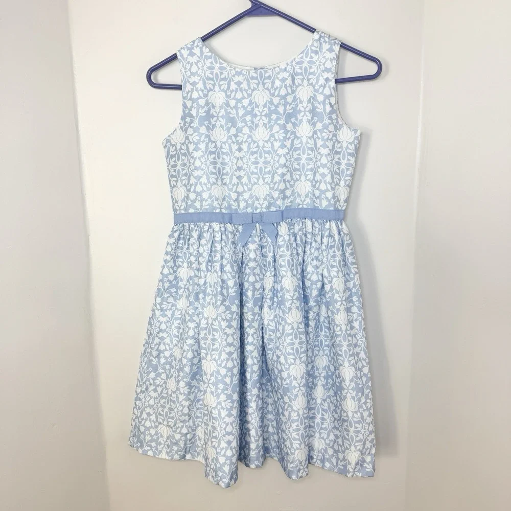 Gymboree Girls Blue White Floral Fit & Flare Dress Sleeveless Bow Size 10 Event